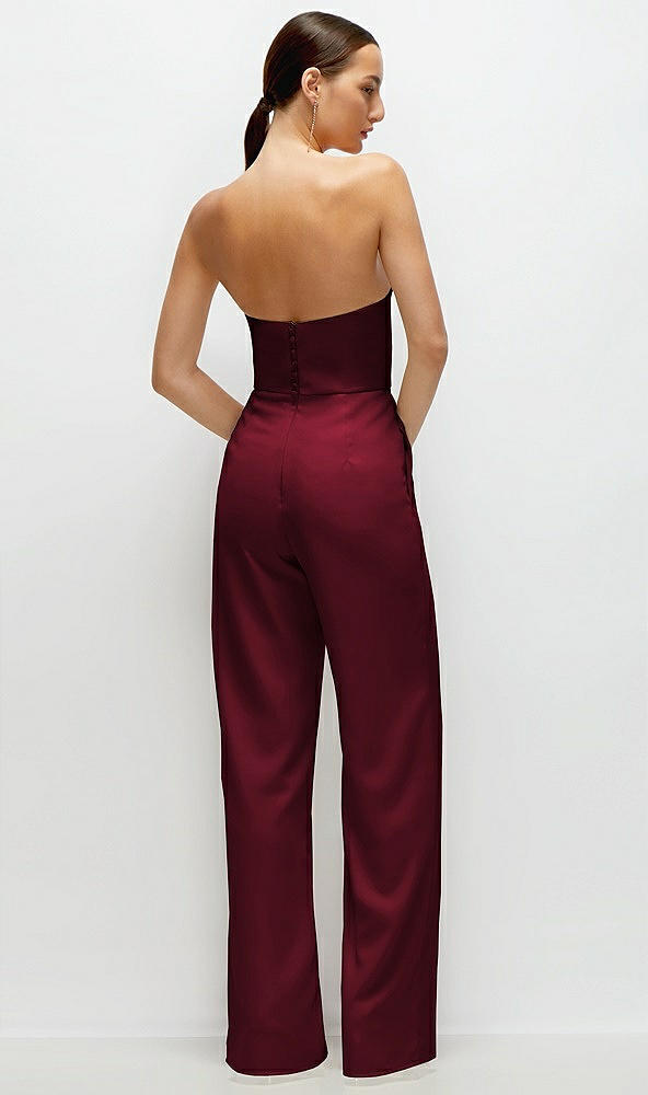 Back View - Burgundy Strapless Cat-Eye Corset Crepe Wedding Jumpsuit