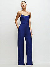 Front View Thumbnail - Cobalt Blue Strapless Cat-Eye Corset Crepe Wedding Jumpsuit