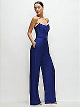 Side View Thumbnail - Cobalt Blue Strapless Cat-Eye Corset Crepe Wedding Jumpsuit