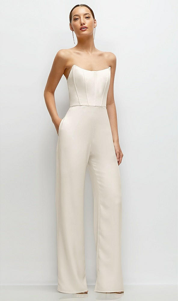 Front View - Ivory Strapless Cat-Eye Corset Crepe Wedding Jumpsuit