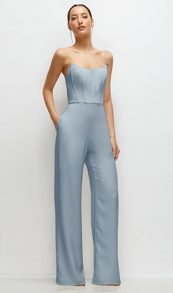 Front View - Mist Strapless Cat-Eye Corset Crepe Wedding Jumpsuit