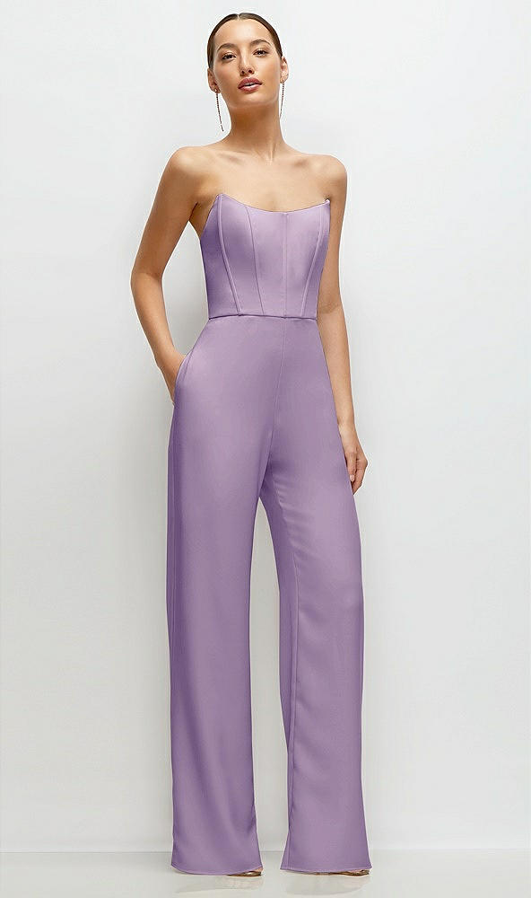 Front View - Pale Purple Strapless Cat-Eye Corset Crepe Wedding Jumpsuit