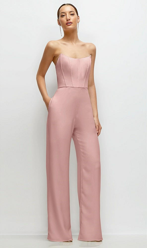 Front View - Rose - PANTONE Rose Quartz Strapless Cat-Eye Corset Crepe Wedding Jumpsuit