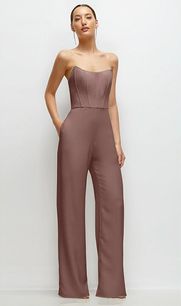 Front View - Sienna Strapless Cat-Eye Corset Crepe Wedding Jumpsuit