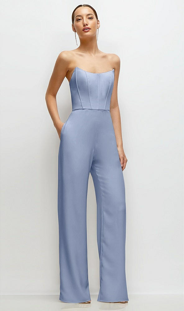 Front View - Sky Blue Strapless Cat-Eye Corset Crepe Wedding Jumpsuit