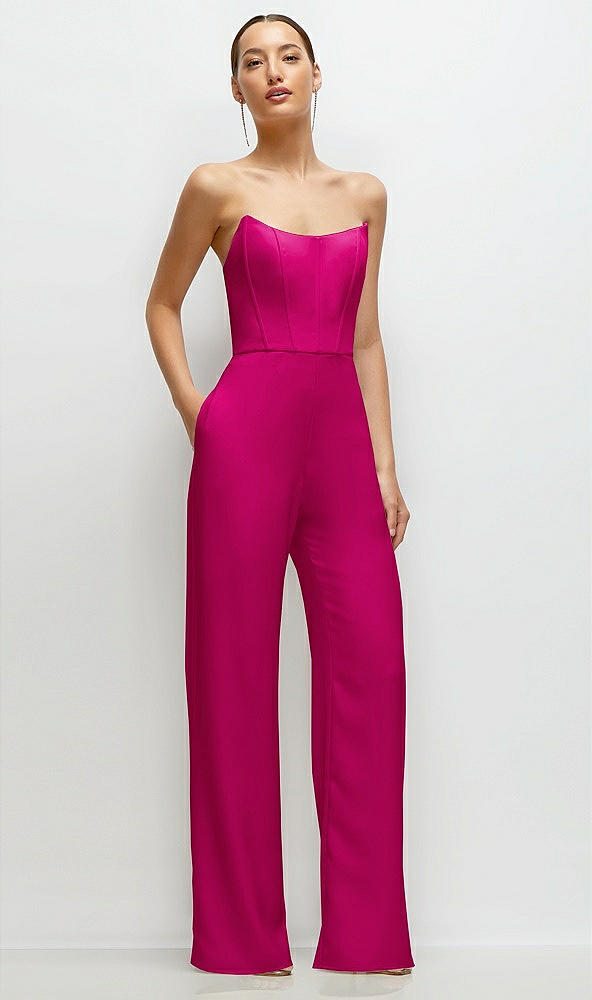 Front View - Think Pink Strapless Cat-Eye Corset Crepe Wedding Jumpsuit