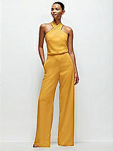 Front View Thumbnail - NYC Yellow Pleated Halter Blouson Crepe Wedding Jumpsuit with Self-Tie Bow Back