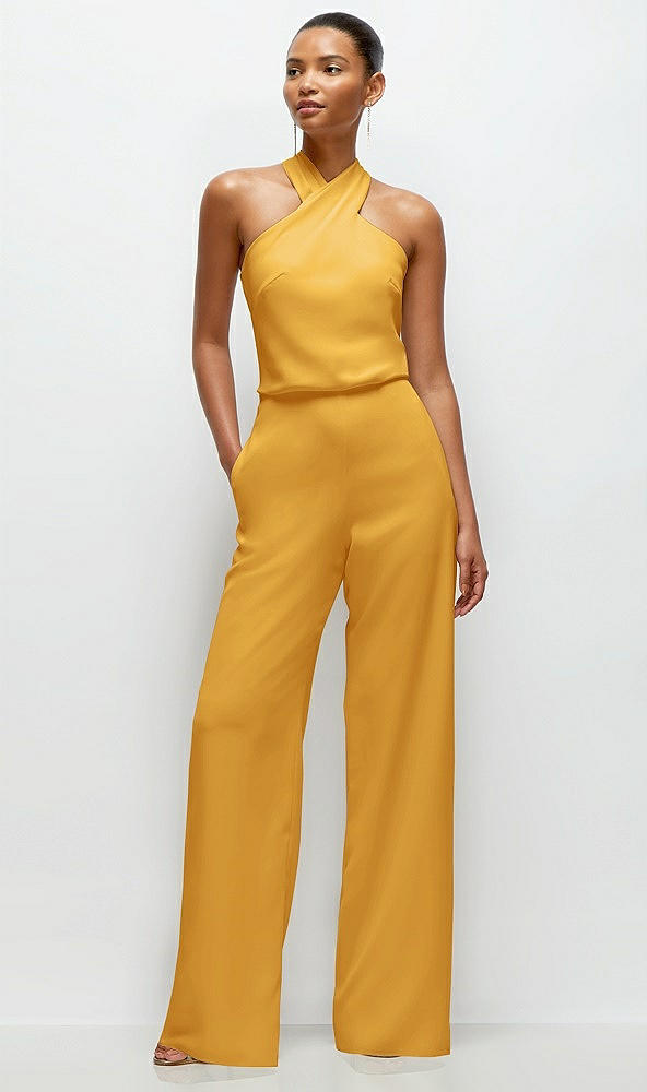 Front View - NYC Yellow Pleated Halter Blouson Crepe Wedding Jumpsuit with Self-Tie Bow Back