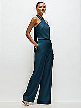 Side View Thumbnail - Atlantic Blue Pleated Halter Blouson Crepe Wedding Jumpsuit with Self-Tie Bow Back