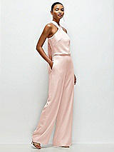 Side View Thumbnail - Blush Pleated Halter Blouson Crepe Wedding Jumpsuit with Self-Tie Bow Back