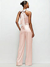 Rear View Thumbnail - Blush Pleated Halter Blouson Crepe Wedding Jumpsuit with Self-Tie Bow Back