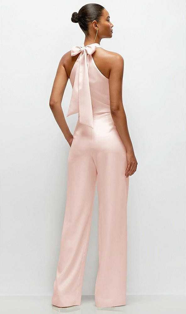 Back View - Blush Pleated Halter Blouson Crepe Wedding Jumpsuit with Self-Tie Bow Back