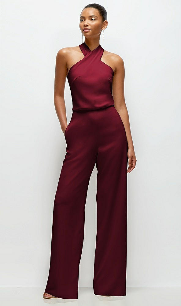 Front View - Burgundy Pleated Halter Blouson Crepe Wedding Jumpsuit with Self-Tie Bow Back