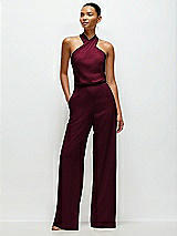 Front View Thumbnail - Cabernet Pleated Halter Blouson Crepe Wedding Jumpsuit with Self-Tie Bow Back