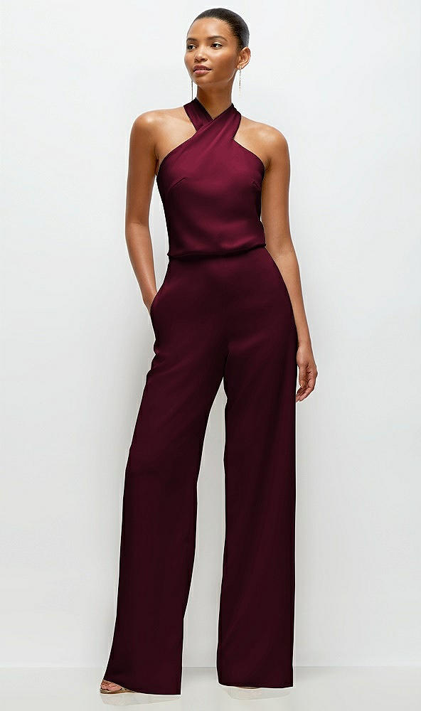 Front View - Cabernet Pleated Halter Blouson Crepe Wedding Jumpsuit with Self-Tie Bow Back