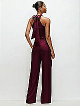 Rear View Thumbnail - Cabernet Pleated Halter Blouson Crepe Wedding Jumpsuit with Self-Tie Bow Back