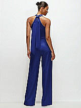 Alt View 1 Thumbnail - Cobalt Blue Pleated Halter Blouson Crepe Wedding Jumpsuit with Self-Tie Bow Back