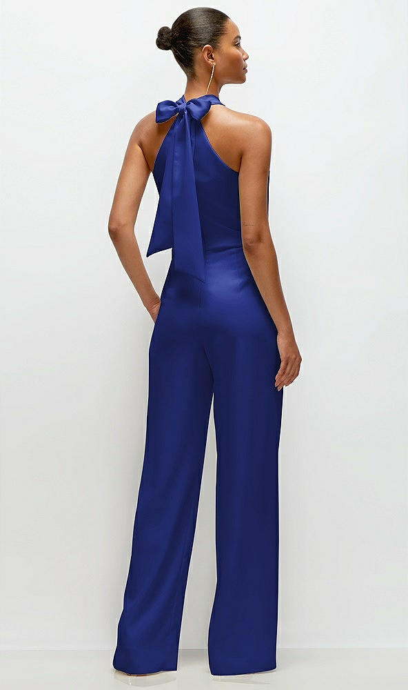 Back View - Cobalt Blue Pleated Halter Blouson Crepe Wedding Jumpsuit with Self-Tie Bow Back