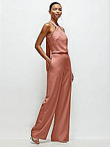 Side View Thumbnail - Desert Rose Pleated Halter Blouson Crepe Wedding Jumpsuit with Self-Tie Bow Back