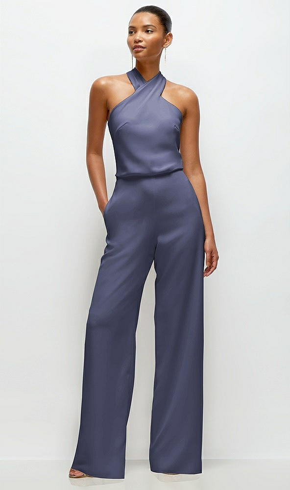 Front View - French Blue Pleated Halter Blouson Crepe Wedding Jumpsuit with Self-Tie Bow Back