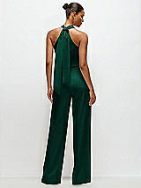 Alt View 1 Thumbnail - Hunter Green Pleated Halter Blouson Crepe Wedding Jumpsuit with Self-Tie Bow Back