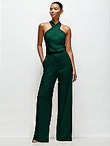 Front View Thumbnail - Hunter Green Pleated Halter Blouson Crepe Wedding Jumpsuit with Self-Tie Bow Back