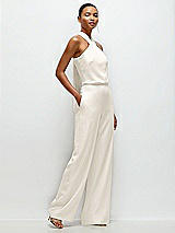 Side View Thumbnail - Ivory Pleated Halter Blouson Crepe Wedding Jumpsuit with Self-Tie Bow Back