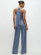 Alt View 1 Thumbnail - Larkspur Blue Pleated Halter Blouson Crepe Wedding Jumpsuit with Self-Tie Bow Back