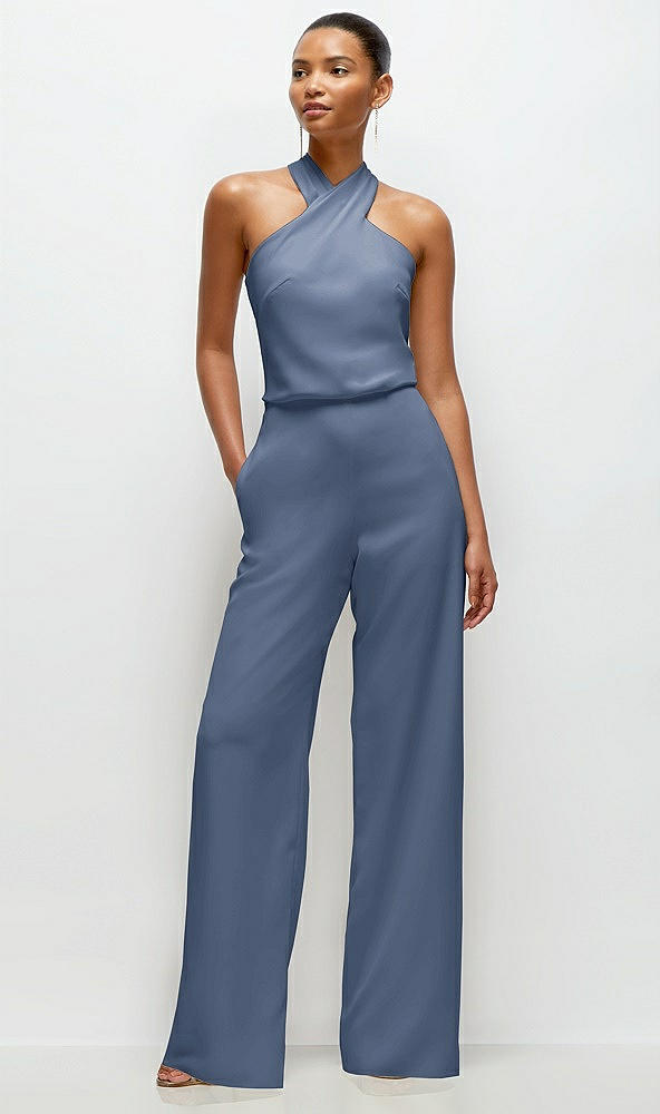 Front View - Larkspur Blue Pleated Halter Blouson Crepe Wedding Jumpsuit with Self-Tie Bow Back