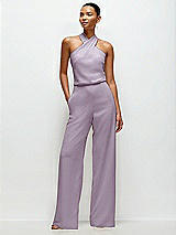 Front View Thumbnail - Lilac Haze Pleated Halter Blouson Crepe Wedding Jumpsuit with Self-Tie Bow Back