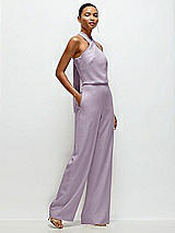 Side View Thumbnail - Lilac Haze Pleated Halter Blouson Crepe Wedding Jumpsuit with Self-Tie Bow Back