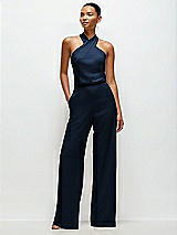 Front View Thumbnail - Midnight Navy Pleated Halter Blouson Crepe Wedding Jumpsuit with Self-Tie Bow Back