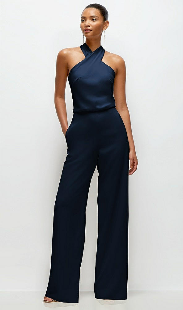 Front View - Midnight Navy Pleated Halter Blouson Crepe Wedding Jumpsuit with Self-Tie Bow Back