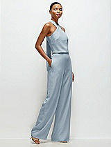 Side View Thumbnail - Mist Pleated Halter Blouson Crepe Wedding Jumpsuit with Self-Tie Bow Back