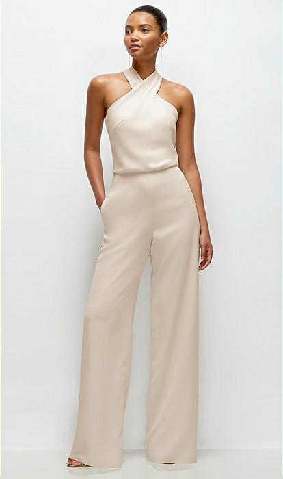 Pleated Halter Blouson Crepe Wedding Jumpsuit with Self Tie Bow Back