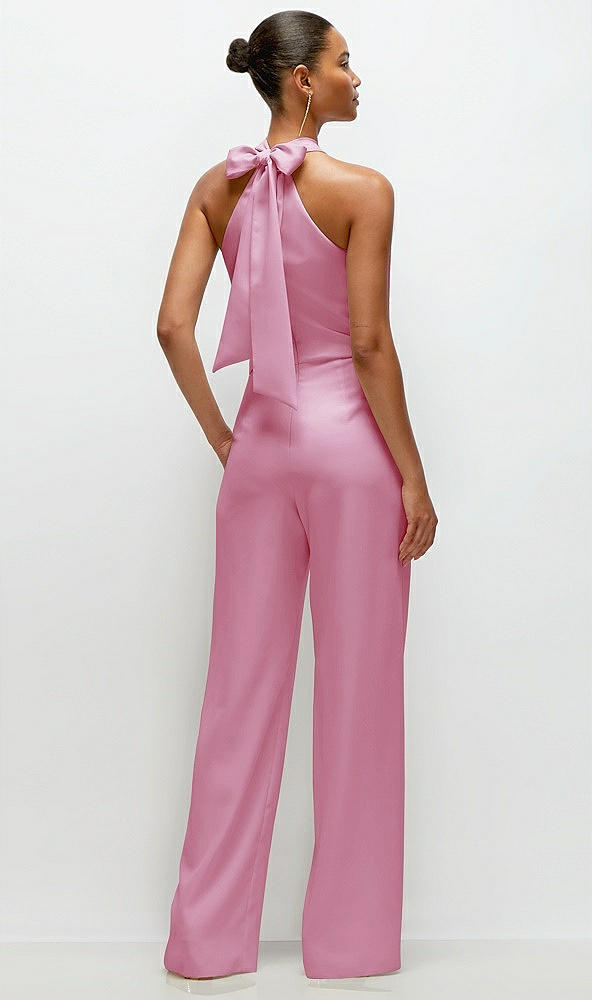 Back View - Powder Pink Pleated Halter Blouson Crepe Wedding Jumpsuit with Self-Tie Bow Back