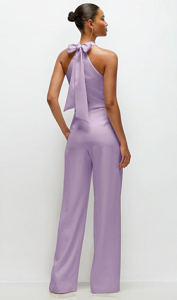 Back View - Pale Purple Pleated Halter Blouson Crepe Wedding Jumpsuit with Self-Tie Bow Back