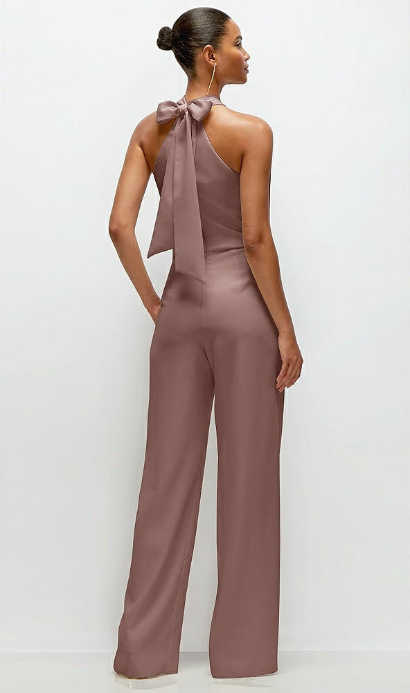 Back View - Sienna Pleated Halter Blouson Crepe Wedding Jumpsuit with Self-Tie Bow Back