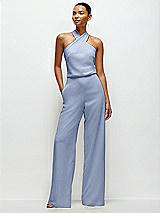 Front View Thumbnail - Sky Blue Pleated Halter Blouson Crepe Wedding Jumpsuit with Self-Tie Bow Back