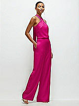 Side View Thumbnail - Think Pink Pleated Halter Blouson Crepe Wedding Jumpsuit with Self-Tie Bow Back