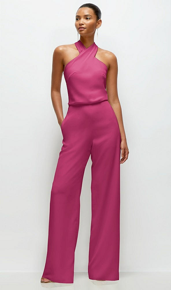 Front View - Tea Rose Pleated Halter Blouson Crepe Wedding Jumpsuit with Self-Tie Bow Back