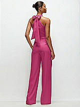 Rear View Thumbnail - Tea Rose Pleated Halter Blouson Crepe Wedding Jumpsuit with Self-Tie Bow Back