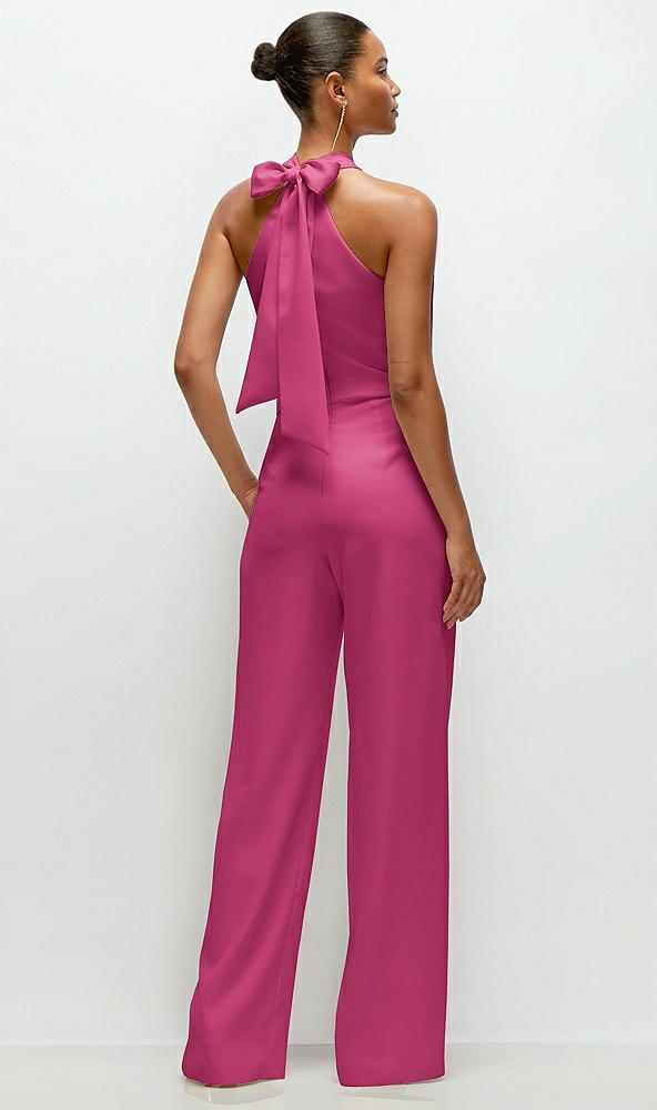 Back View - Tea Rose Pleated Halter Blouson Crepe Wedding Jumpsuit with Self-Tie Bow Back