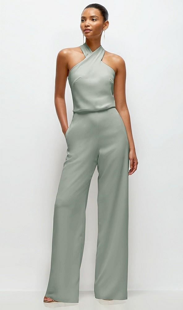 Front View - Willow Green Pleated Halter Blouson Crepe Wedding Jumpsuit with Self-Tie Bow Back