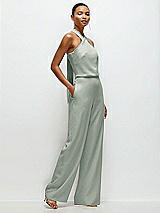 Side View Thumbnail - Willow Green Pleated Halter Blouson Crepe Wedding Jumpsuit with Self-Tie Bow Back