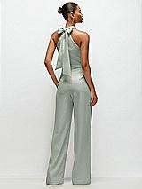 Rear View Thumbnail - Willow Green Pleated Halter Blouson Crepe Wedding Jumpsuit with Self-Tie Bow Back