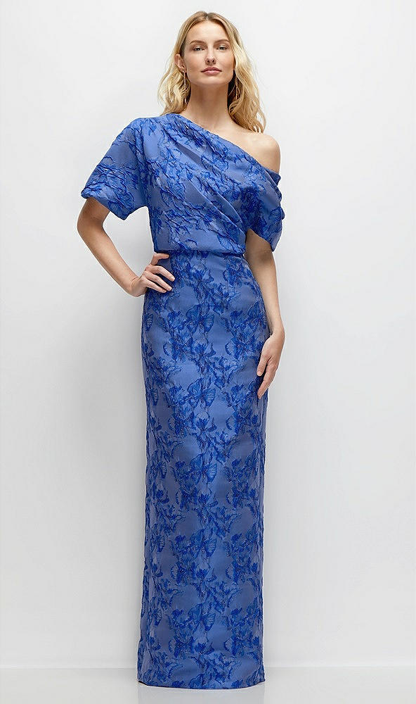 Front View - Cobalt Jacquard Asymmetrical Off-the-Shoulder Cobalt Floral Metallic Jacquard Maxi Dress