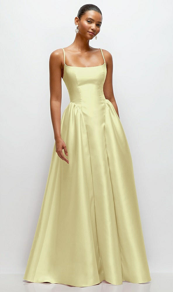 Front View - Butter Yellow Scoop Neck Drop Basque Skirt Satin Maxi Dress with Pockets