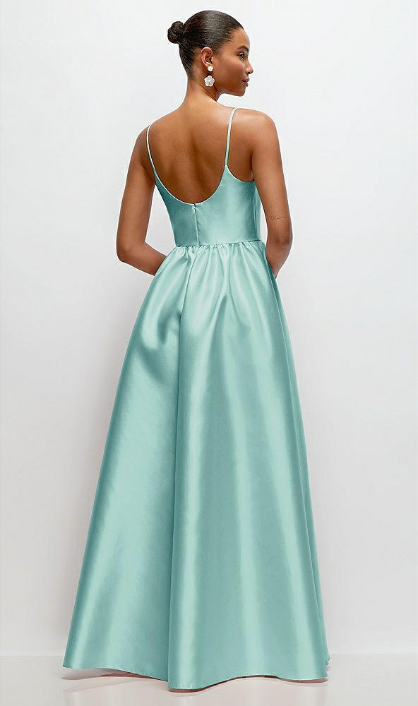 Back View - Coastal Scoop Neck Drop Basque Skirt Satin Maxi Dress with Pockets