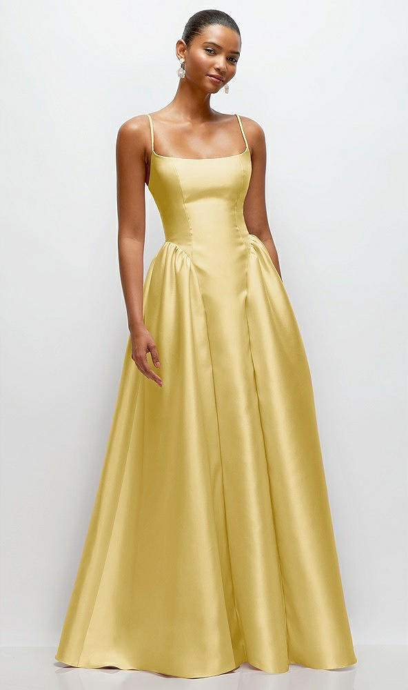 Front View - Maize Scoop Neck Drop Basque Skirt Satin Maxi Dress with Pockets